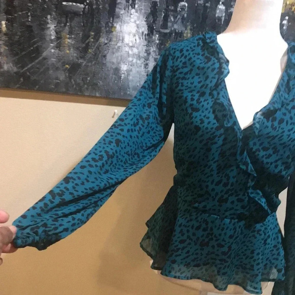 Teal Leopard Print Long Sleeved Women's Top - Picture 6 of 7